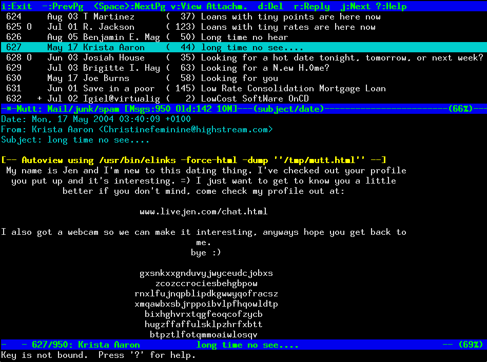 Mutt email client - terminal based black background with white text